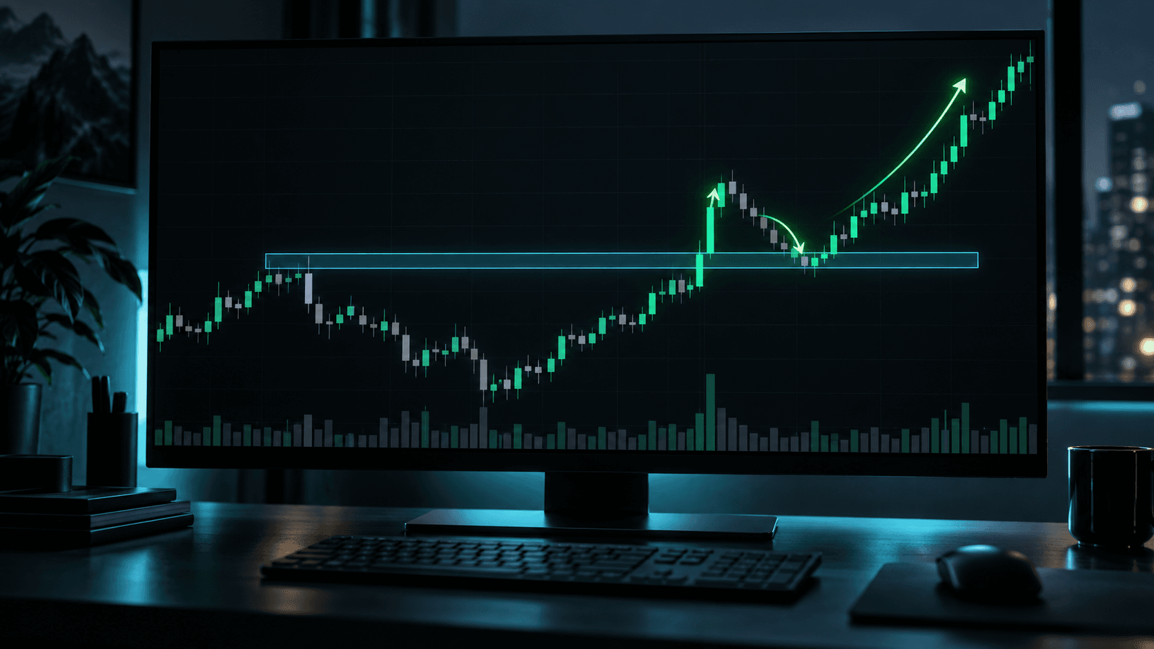 A dark trading monitor showing price breaking a level, retesting it, and continuing
