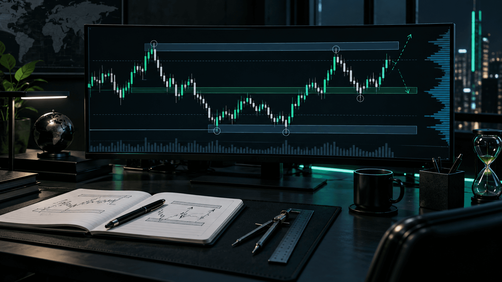 A dark trading workstation with market structure zones mapped on a wide chart