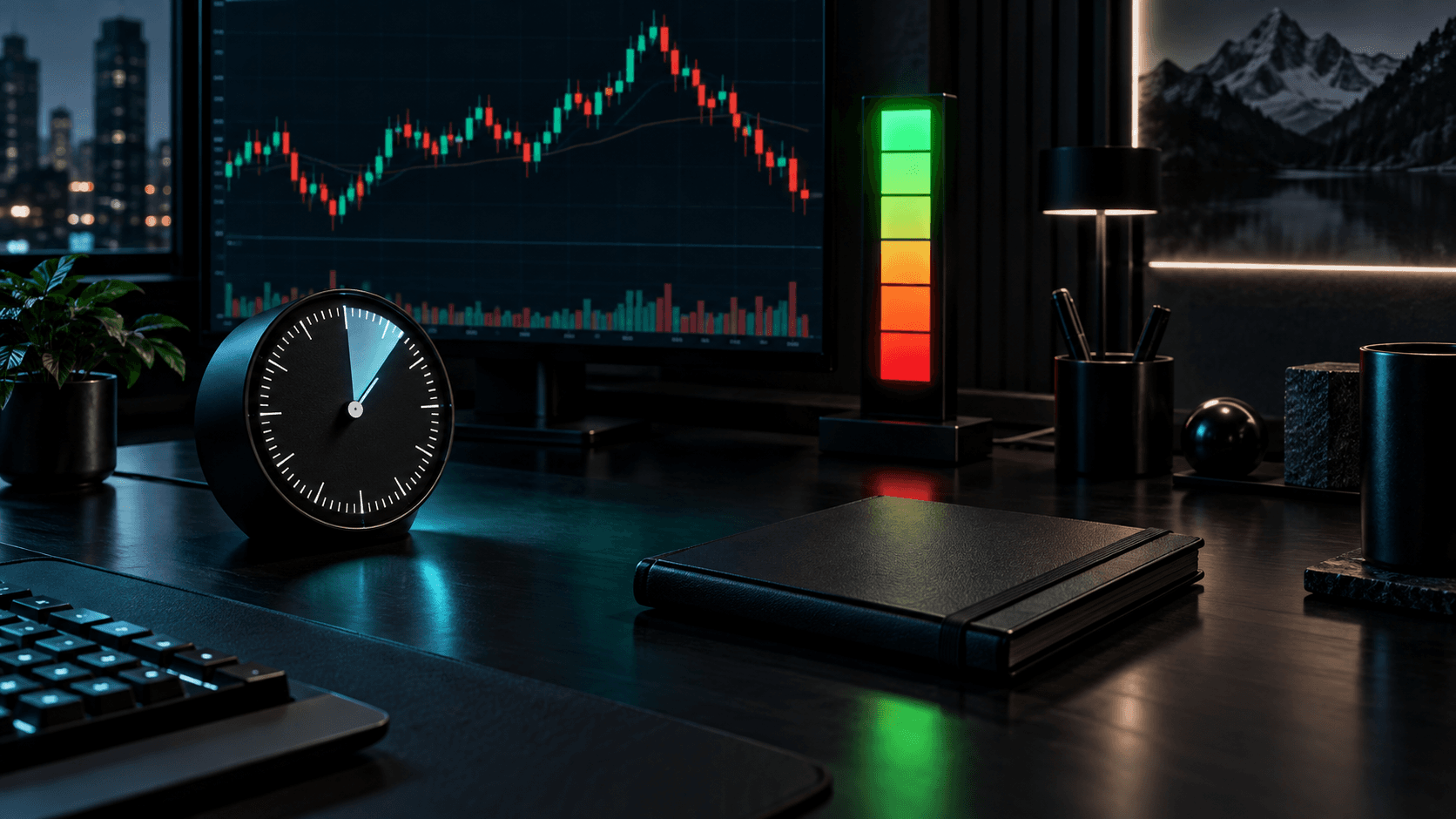 A dark trading desk with a timer, risk-limit indicator, and closed session journal