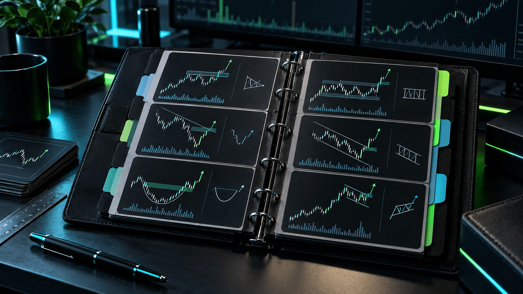 An organized trading playbook binder filled with chart setup cards on a dark desk