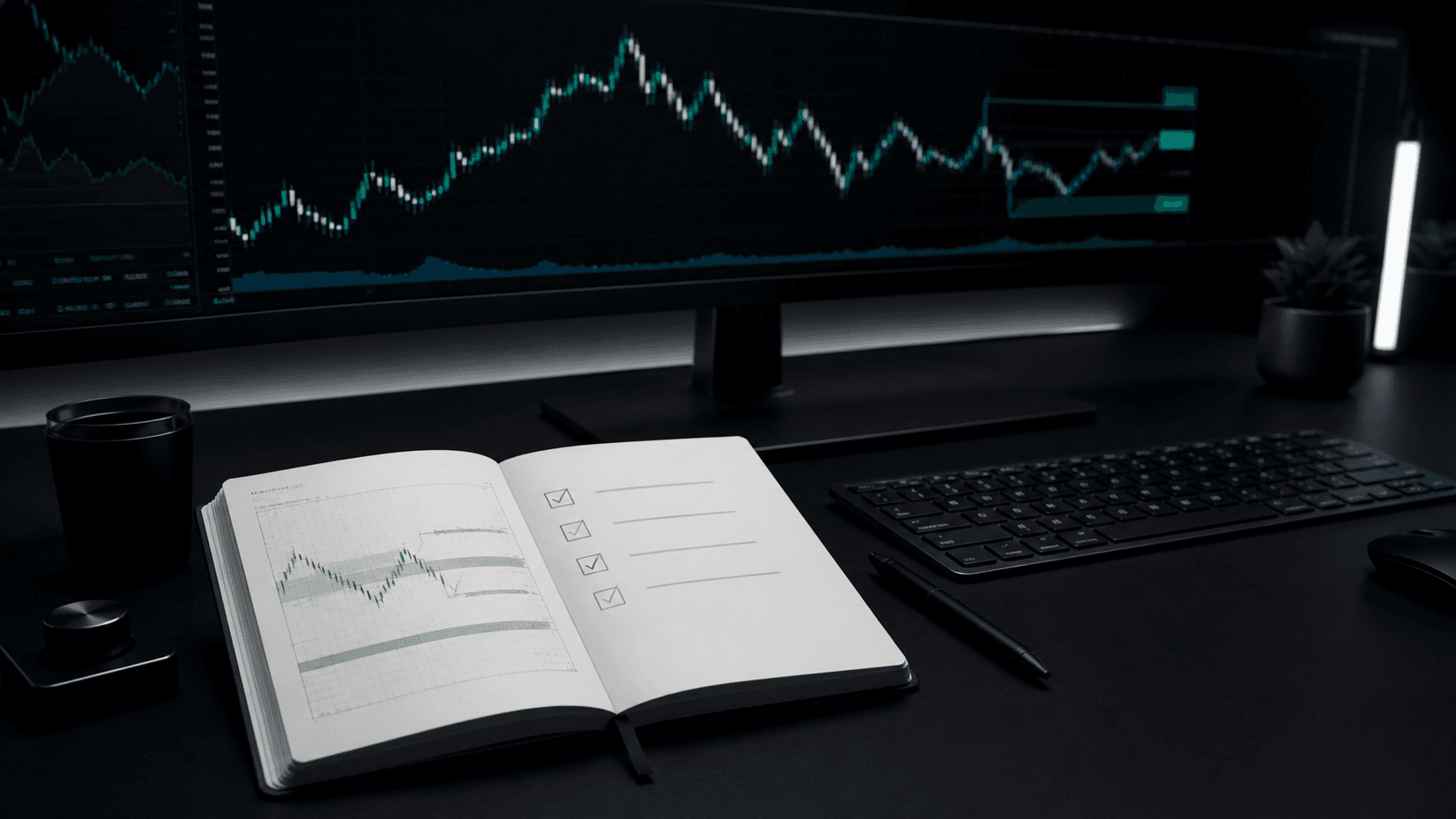 A trading journal with a completed checklist in front of a dark market chart