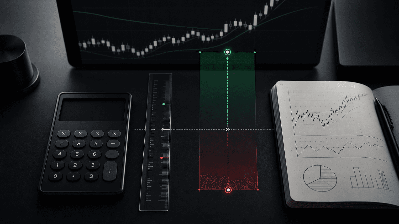 Calculator, trading journal, and measured profit and loss zones on a dark trading desk