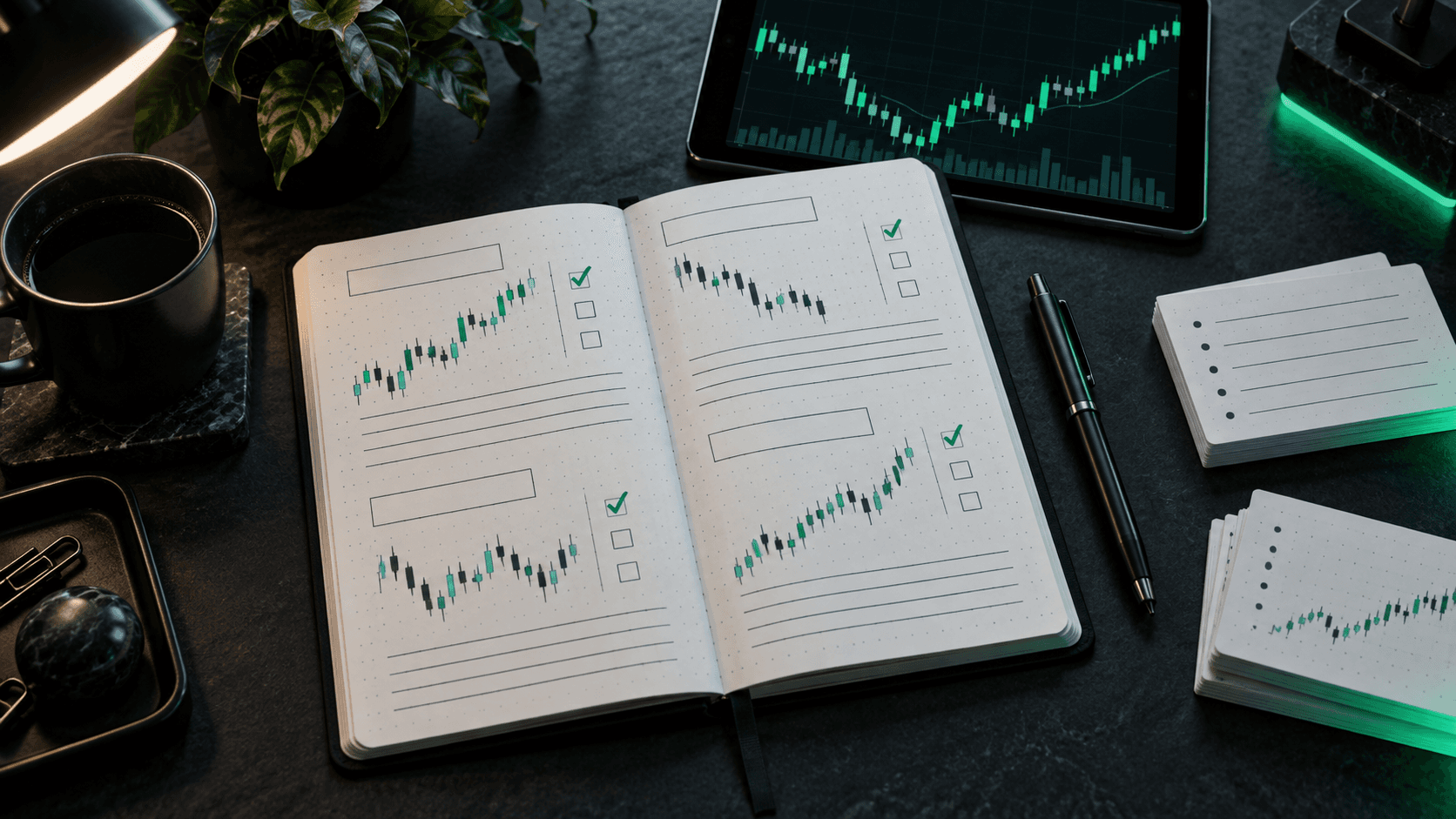 An open trading journal with chart reviews, process notes, and a tablet nearby